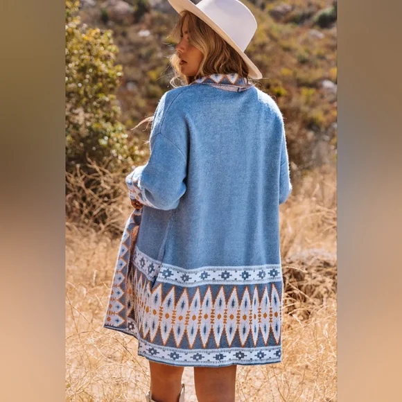 Chic Blue Aztec Cardigan Sweater Boutique Item - Picture 5 of 13
